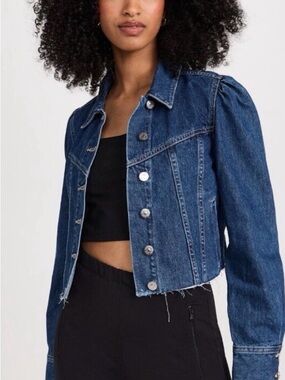 Veronica Beard Indigo Cropped Denim Jacket with Puff Shoulders and frayed hems